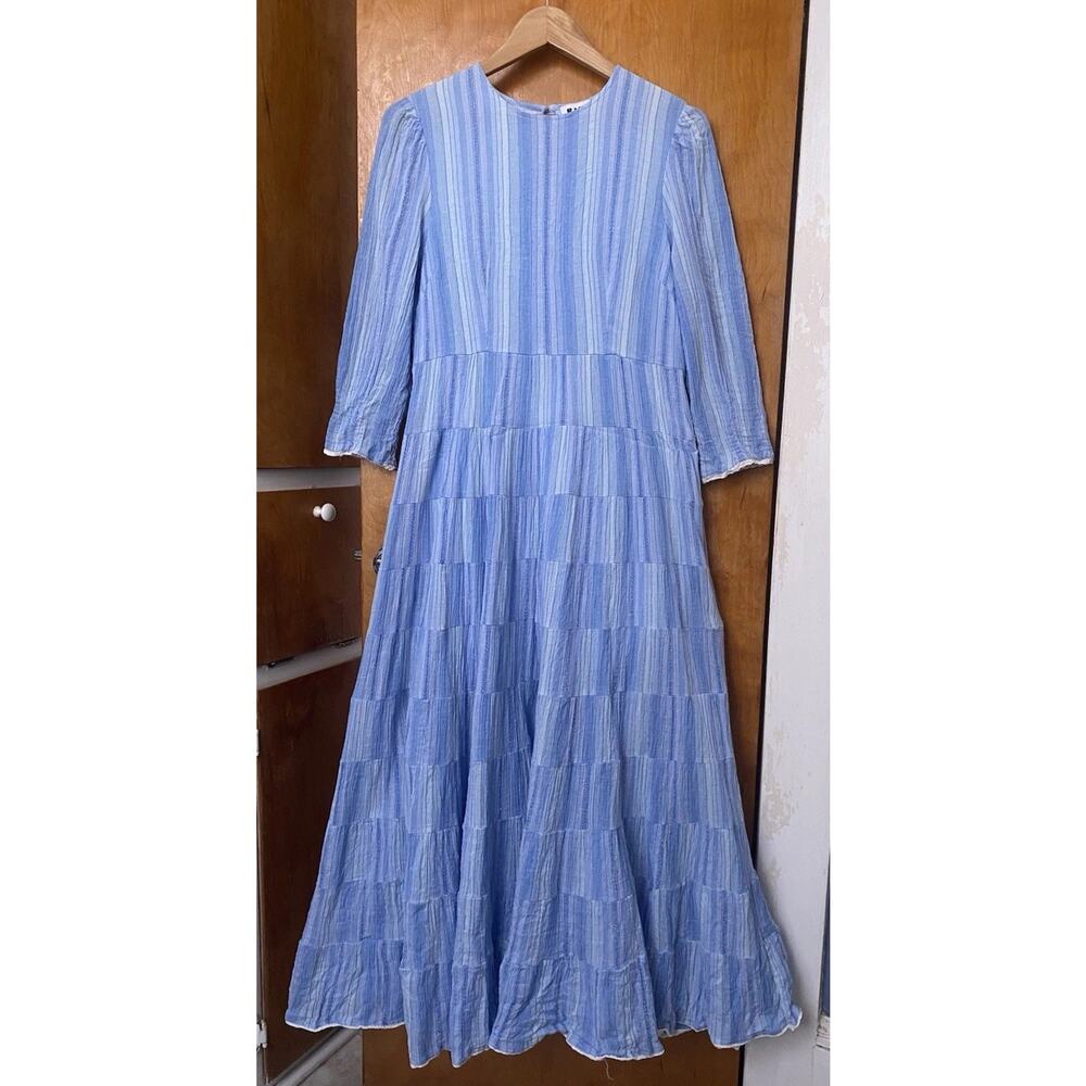 Rixo Kristen Blue Stripe Cotton Midi Maxi Tiered Peasant Dress Cottage Sz 10